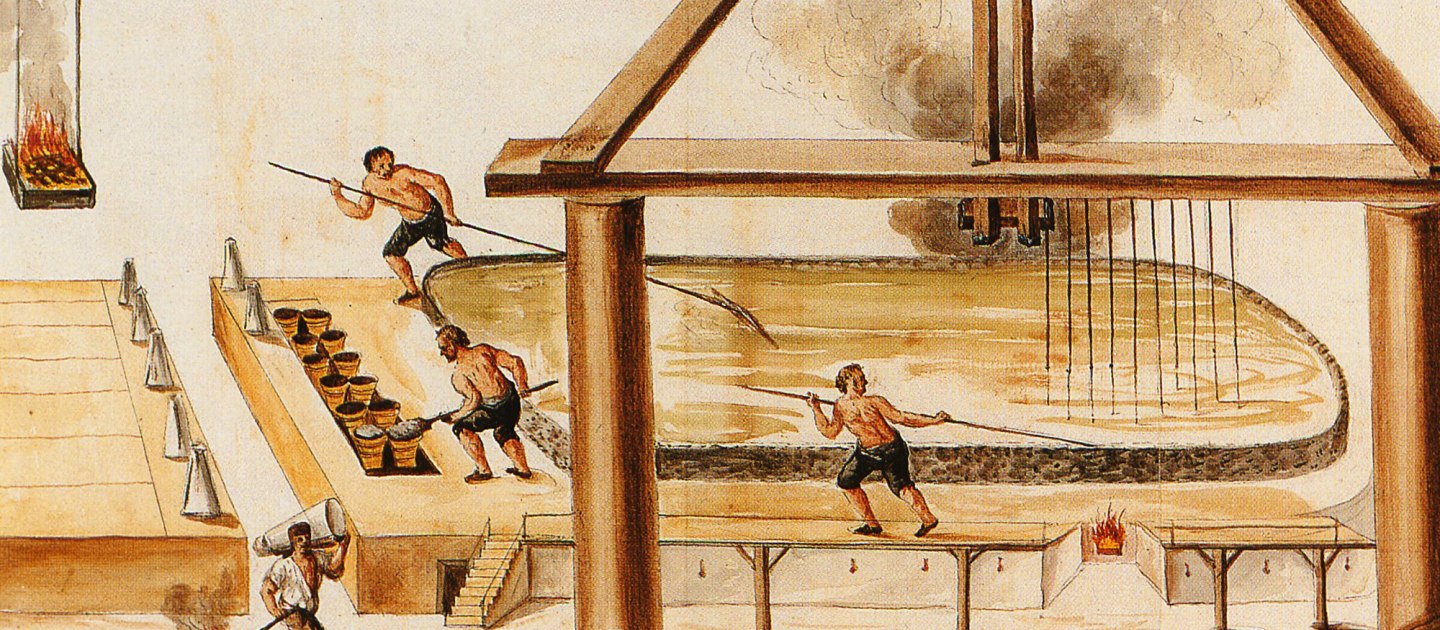 Historische Zeichnung der Arbeit an der Sudpfanne, © Museum Salz und Moor / unbekannter Künstler Historische Zeichnung der Arbeit an der Sudpfanne, © Museum Salz und Moor / unbekannter Künstler