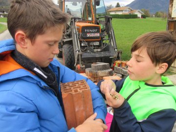 Schüler befüllen die Ziegel des Insektenhotels, © GM Grassau / J. Stiegler