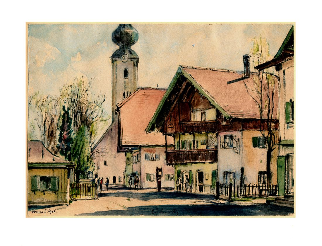 Ein Gemälde des Grassauer Ortszentrum von 1946 von dem Maler Denes Csanky)