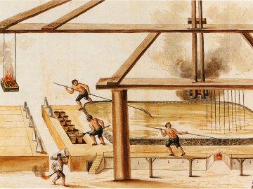 Historische Zeichnung der Arbeit an der Sudpfanne, © Museum Salz und Moor / unbekannter Künstler