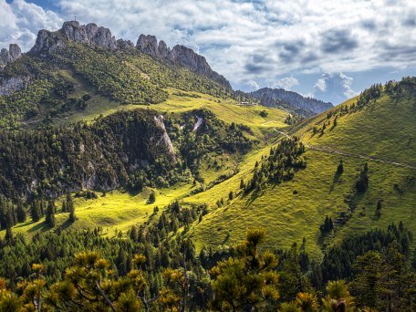 Wanderung durch das Rottauer Tal mit Blick auf den Gipfel der Kampenwand, © Tourist-Information Grassau